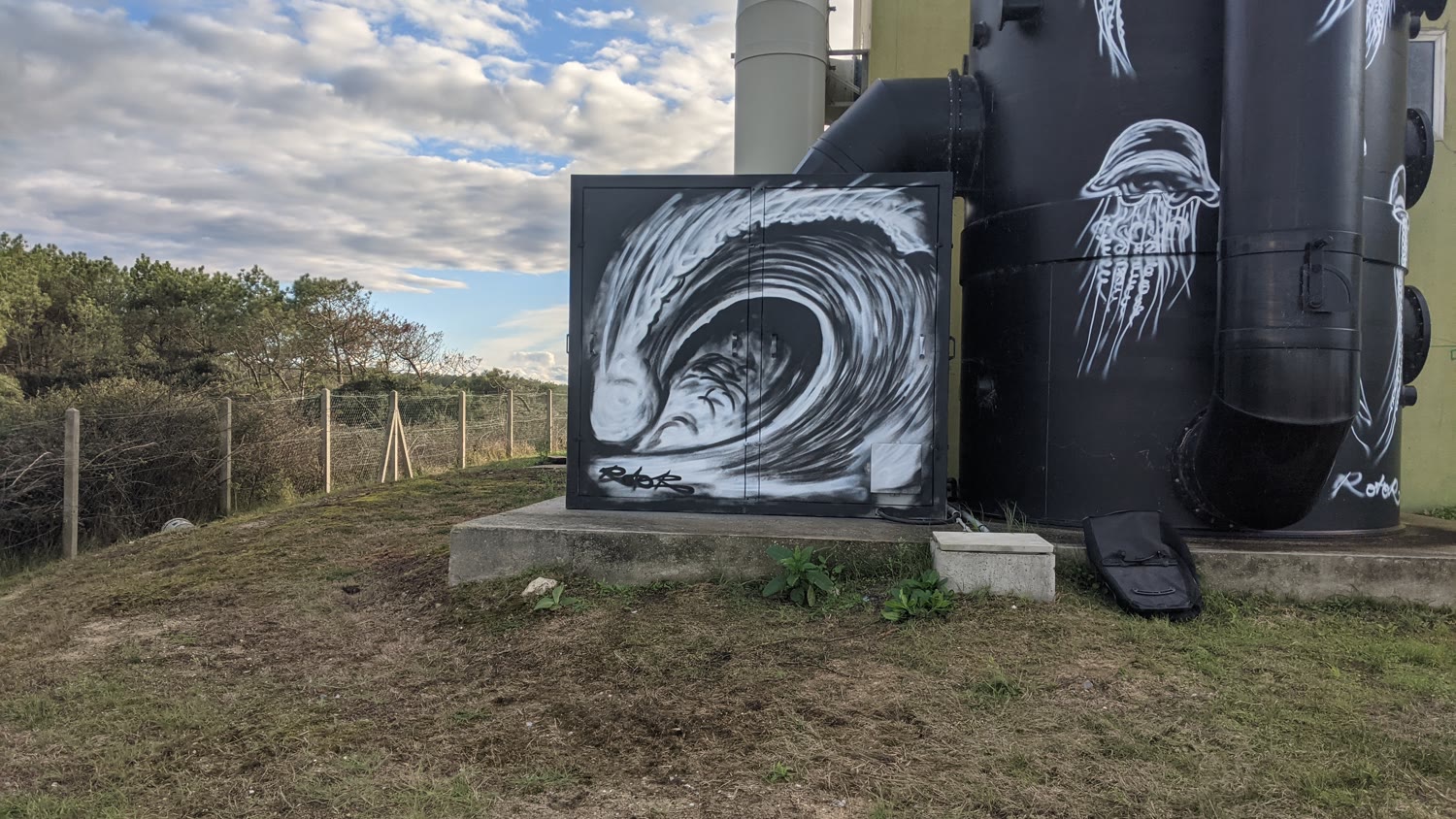 Vague — graffiti, noir et blanc, vue d'ensemble, Capbreton
